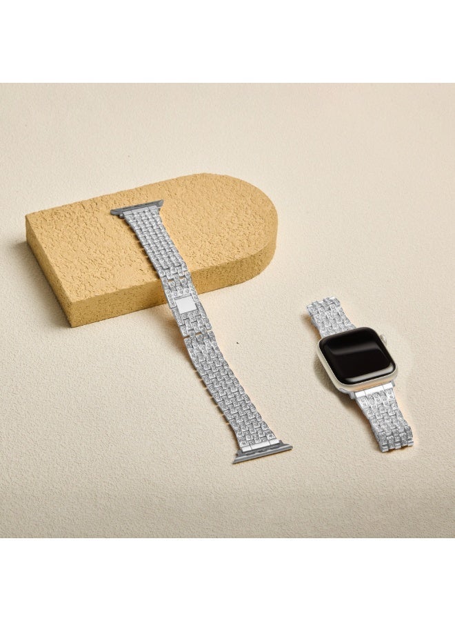 سوار فاخر لساعة آبل مزين بحجر الزركون، حزام من الفولاذ المقاوم للصدأ قابل للتعديل، متوافق مع مقاسات 42 مم و44 مم و45 مم و49 مم (السلسلة 1–9، SE، ألترا وألترا 2) — فضي - Image 3